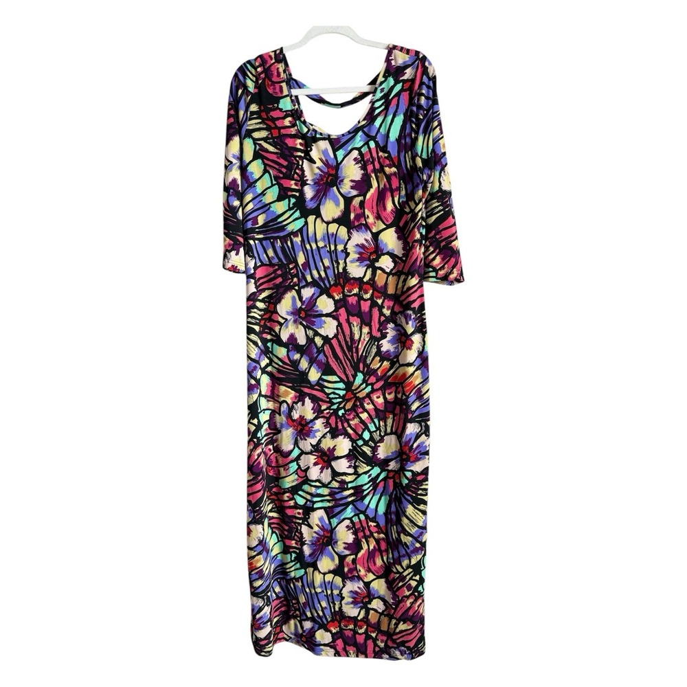 Midnight Velvet Dress Women's L Floral Tropical Bodycon Maxi Stretch Beachy Boho